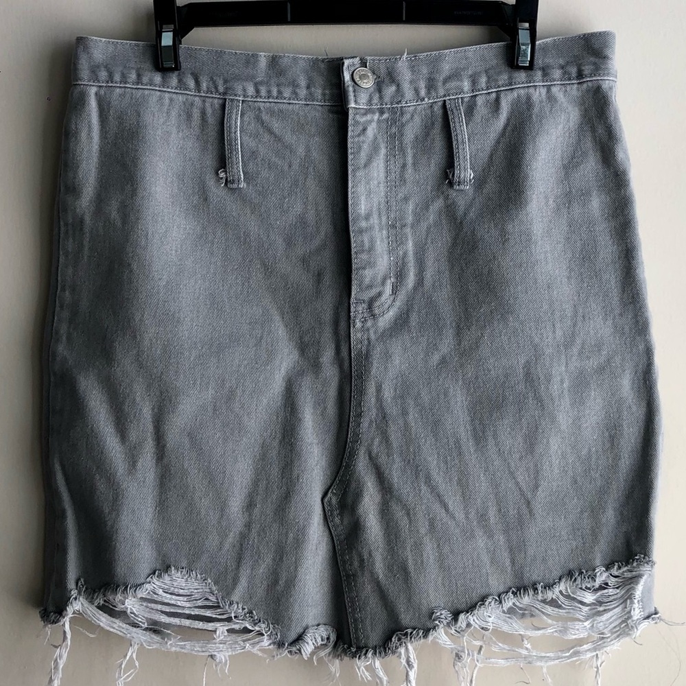 Grey Denim Distressed Mini Skirt